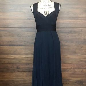 Bandage Waist V Neck Strap Floor Length Dress Blue
